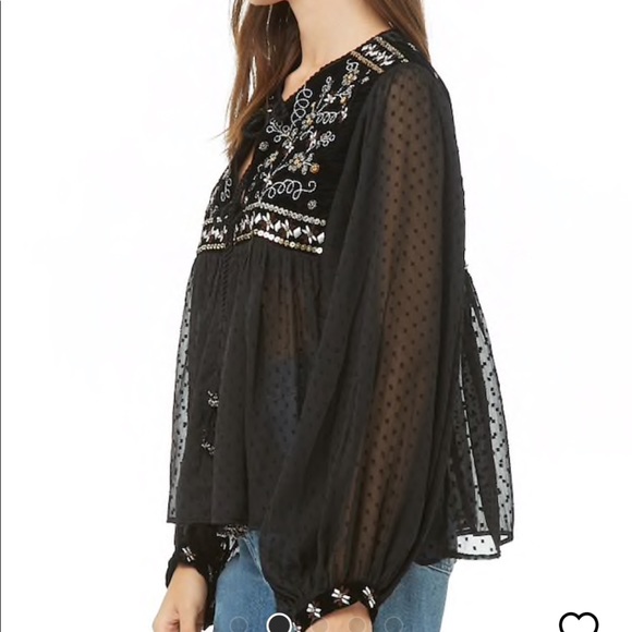 Boho Embroidered clip dot peasant top - Picture 2 of 5